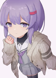 Rule 34 | 1girl, a.i. voice, black thighhighs, closed mouth, commentary request, grey background, grey jacket, grey serafuku, grey shirt, grey skirt, hair between eyes, hand up, highres, jacket, long sleeves, looking at viewer, open clothes, open jacket, pleated skirt, purple eyes, purple hair, purple neckwear, sailor collar, school uniform, serafuku, shirt, simple background, skirt, sleeves past wrists, solo, standing, thighhighs, vocaloid, voiceroid, white background, white sailor collar, yusake san, yuzuki yukari, yuzuki yukari (shizuku)