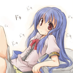 Rule 34 | 1girl, blue hair, female focus, hinanawi tenshi, leaning, long hair, looking at viewer, lowres, no headwear, no headwear, red eyes, solo, touhou, translation request, yuuhi alpha