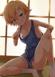 Rule 34 | 1girl, absurdres, angakoq, backlighting, blonde hair, blue eyes, blue tank top, blush, breasts, collarbone, female focus, flashing, grin, highres, himawari (onipan!), horns, leaning to the side, nipples, no bra, oni horns, onipan!, panties, pink panties, pointy ears, pulled by self, short hair, short shorts, shorts, sitting, small breasts, smile, socks, solo, sweat, tank top, underwear, upshorts, wristband