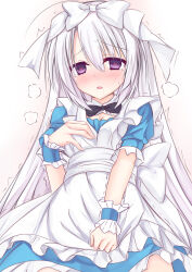 Rule 34 | 1girl, ahoge, alice (alice in wonderland), alice (alice in wonderland) (cosplay), alice in wonderland, alternate costume, apron, apron grab, aroused, ayachi nene, back bow, blue dress, blue wrist cuffs, blush, bow, breasts, cleavage, clenched hand, commentary request, cosplay, cowboy shot, dress, drooling, empty eyes, frilled apron, frilled cuffs, frills, furrowed brow, grabbing own breast, hair between eyes, hair bow, hair ribbon, hand up, heart, heart-shaped pupils, highres, igarashi kenji, implied after masturbation, long hair, looking at viewer, mouth drool, nose blush, open mouth, partial commentary, purple eyes, ribbon, sanoba witch, short sleeves, small breasts, solo, standing, straight hair, symbol-shaped pupils, tears, twitching, very long hair, visible air, waist apron, white bow, white hair, white ribbon, wrist cuffs