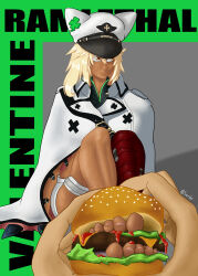 Rule 34 | 1girl, absurdres, bandaged leg, bandages, blonde hair, bread bun, burger, character name, cheese, cloak, closed mouth, clover, dark-skinned female, dark skin, feet, feet in food, food, foot focus, four-leaf clover, guilty gear, guilty gear strive, hair between eyes, hat, highres, ketchup, legs, lettuce, long hair, looking to the side, no shoes, onion, orange eyes, photo-referenced, ramlethal valentine, red bandage, sacrilus, short shorts, shorts, sidelocks, simple background, sitting, thigh strap, twitter username, white cloak, white shorts