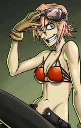 Rule 34 | 00s, 1girl, bare shoulders, bikini, bikini top only, breasts, cleavage, flcl, gloves, goggles, green eyes, grin, groin, haruhara haruko, looking at viewer, midriff, mx. moz, navel, open fly, panties, pink hair, sitting, smile, solo, swimsuit, underwear, unzipped