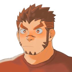 Rule 34 | 1boy, 96suke desu (kurosuke), akashi (live a hero), bara, blush, closed mouth, facial hair, goatee, heart, heart-shaped pupils, highres, live a hero, long sideburns, male focus, muscular, muscular male, portrait, red eyes, red hair, red shirt, scar, scar on face, scar on nose, shirt, short hair, sideburns, simple background, solo, symbol-shaped pupils, thick eyebrows, v-shaped eyebrows, white background