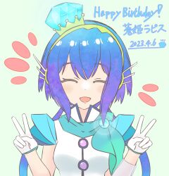 Rule 34 | 1girl, aoki lapis, blue hair, closed eyes, commentary request, dated, diamond (gemstone), double v, gem, gloves, happy birthday, headphones, highres, long hair, low twintails, multicolored hair, open mouth, purple hair, scarf, see-through, see-through sleeves, short sleeves, single sleeve, smile, solo, twintails, upper body, v, vocaloid, wixa14 shin