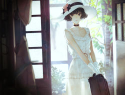 Rule 34 | 1girl, backlighting, belt, black choker, black hair, bob cut, breasts, buckle, buttons, choker, collarbone, day, dress, frills, gloves, hat, holding case, indoors, kaoming, looking at viewer, luggage, original, parted lips, short hair, sidelocks, sleeveless, sleeveless dress, small breasts, solo, sun hat, tree, white dress, white gloves, white hat