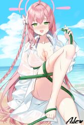 Rule 34 | 1girl, ahoge, aile (crossroads), barefoot, beach, bikini, bikini under clothes, blue archive, blue sky, blush, bow, braid, breasts, cleavage, collarbone, green eyes, hair bow, halo, hanako (blue archive), hanako (swimsuit) (blue archive), highres, hose, large breasts, long hair, long sleeves, looking at viewer, official alternate costume, open mouth, pink hair, see-through, see-through shirt, shirt, shore, side braid, sky, smile, solo, swimsuit, very long hair, white shirt