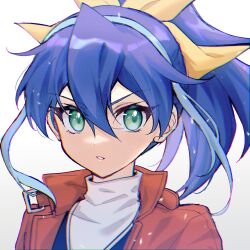 Rule 34 | 1girl, blue hair, green eyes, hair ribbon, high ponytail, highres, jacket, long hair, looking at viewer, multicolored hair, pentacle dark, portrait, red jacket, ribbon, serena (yu-gi-oh!), simple background, solo, two-tone hair, white background, yellow ribbon, yu-gi-oh!, yu-gi-oh! arc-v