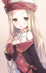 Rule 34 | 10s, 1girl, bare shoulders, beige background, black necktie, blonde hair, blush, breasts, center opening, checkered clothes, checkered shirt, cleavage, collar, diola (granblue fantasy), frilled collar, frilled shirt, frills, granblue fantasy, hat, large breasts, long hair, looking at viewer, mimura zaja, necktie, parted lips, shirt, smile, solo, upper body, yellow eyes