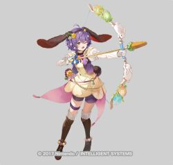 Rule 34 | 1girl, ahoge, animal ears, arrow (projectile), belt, bernadetta von varley, bernadetta von varley (spring), boots, bow (weapon), dress, fake animal ears, fake tail, fire emblem, fire emblem: three houses, fire emblem heroes, flower, frills, full body, gloves, green eyes, grey background, hair ornament, holding, holding bow (weapon), holding weapon, hood, hood down, kanda done, nintendo, official art, one eye closed, open mouth, polka dot, pom pom (clothes), puffy short sleeves, puffy sleeves, purple eyes, rabbit ears, rabbit tail, see-through, short dress, short hair, short sleeves, shorts, simple background, solo, stuffed animal, stuffed toy, tail, thigh boots, thigh strap, weapon