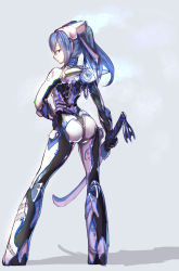 Rule 34 | 1girl, back, blue eyes, blue hair, bodysuit, closed mouth, full body, hand on own hip, headgear, highres, holding, holding sword, holding weapon, humanization, long hair, looking at viewer, looking back, multicolored hair, nova (warframe), nova prime (warframe), ponytail, simple background, solo, standing, sword, warframe, weapon, yyboo