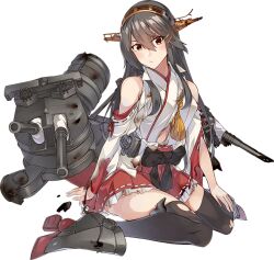 Rule 34 | 1girl, black hair, black thighhighs, brown eyes, closed mouth, dazzle paint, full body, hair between eyes, hair ornament, hairband, hairclip, haruna (kancolle), haruna kai ni (kancolle), headgear, japanese clothes, kantai collection, konishi (koconatu), long hair, machinery, nontraditional miko, official art, pleated skirt, red skirt, rigging, rudder footwear, skirt, solo, thighhighs, torn clothes, torn skirt, torn thighhighs, transparent background, turret
