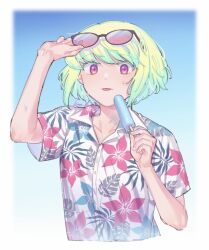Rule 34 | 1boy, alternate costume, blue background, border, commentary, eyewear on head, floral print, food, gradient background, green hair, hand up, hawaiian shirt, highres, holding, holding food, holding popsicle, kome 1022, lio fotia, male focus, popsicle, promare, purple eyes, shirt, short hair, solo, sunglasses, sweat, symbol-only commentary, tongue, tongue out, trap, white border