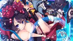 Rule 34 | 1girl, aqua eyes, bare legs, blue eyes, breasts, cleavage, closed mouth, eyebrows, fate/grand order, fate (series), hair ornament, holding, holding paintbrush, katsushika hokusai (fate), ko yu, large breasts, looking at viewer, paintbrush, painting (action), purple hair, smile, socks, solo, tokitarou (fate)