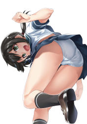 Rule 34 | 1girl, ass, bent over, black hair, blue skirt, clenched hand, commentary, ebifurya, from behind, fubuki (kancolle), green eyes, highres, kantai collection, looking at viewer, low ponytail, miniskirt, open mouth, panties, pantyshot, pleated skirt, ponytail, revision, sailor collar, school uniform, serafuku, short ponytail, short sleeves, sidelocks, simple background, skirt, standing, standing on one leg, thighs, underwear, white background, white panties