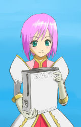 Rule 34 | 00s, 1girl, estellise sidos heurassein, game console, gloves, green eyes, pink hair, short hair, tales of (series), tales of vesperia, xbox, xbox 360, yossy (rojion room)