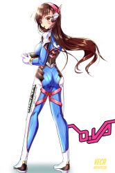 Rule 34 | 1girl, acronym, armor, artist name, ass, bad id, bad pixiv id, blush, bodysuit, boots, bracer, breasts, brown eyes, brown hair, character name, closed mouth, clothes writing, d.va (overwatch), facepaint, facial mark, food, from behind, full body, gloves, handheld game console, headphones, highres, holding, legs apart, long hair, long sleeves, looking back, matching hair/eyes, medium breasts, mouth hold, overwatch, overwatch 1, pauldrons, pilot suit, playstation portable, pocky, ribbed bodysuit, shoulder armor, shoulder pads, simple background, skin tight, solo, standing, thigh boots, thigh strap, thighhighs, turtleneck, twitter username, veca, whisker markings, white background, white footwear, white gloves