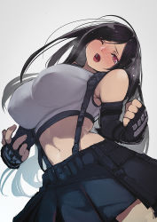 Rule 34 | 1girl, arm guards, black hair, black skirt, blush, breasts, brown eyes, clenched hand, crop top, elbow gloves, covered erect nipples, final fantasy, final fantasy vii, final fantasy vii remake, fingerless gloves, gloves, head tilt, hyocorou, long hair, midriff, navel, one eye closed, pain, pleated skirt, skirt, solo, tank top, tifa lockhart, toned