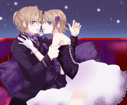 Rule 34 | 1boy, 1girl, ako (macochi), bad id, bad pixiv id, blonde hair, blue eyes, brother and sister, cross, dress, flower, formal, gloves, highres, kagamine len, kagamine rin, rose, short hair, siblings, suit, twins, vocaloid, white gloves