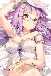 Rule 34 | 1girl, :&lt;, alternate eye color, anmi, arm up, armpits, babydoll, bare shoulders, bed sheet, bespectacled, blunt bangs, blush, book, bow, breasts, brown eyes, cleavage, closed mouth, collarbone, crescent, crescent hair ornament, detached sleeves, from above, glasses, hair bow, hair ornament, head tilt, highres, holding, holding book, large breasts, long hair, looking at viewer, lying, midriff, navel, on back, open book, patchouli knowledge, puffy short sleeves, puffy sleeves, purple-framed eyewear, purple hair, scrunchie, semi-rimless eyewear, short sleeves, solo, stomach, sweatdrop, tareme, touhou, under-rim eyewear, upper body, white bow, wrist scrunchie