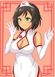 Rule 34 | 1girl, breasts, brown hair, china dress, chinese clothes, cleavage, collarbone, dress, gloves, green eyes, highres, honchan, large breasts, nchans, nchans style, short hair, sicamal, solo, tan, white dress