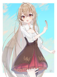 Rule 34 | 1girl, :d, absurdres, ahoge, brown corset, brown eyes, brown hair, cleavage cutout, clothing cutout, cloud, cloudy sky, corset, hair down, hair ornament, hairclip, highres, hololive, hololive english, kujou yami, long hair, looking at viewer, multicolored hair, nanashi mumei, open mouth, pleated skirt, red skirt, shirt, single thighhigh, skirt, sky, small hands, smile, streaked hair, thigh strap, thighhighs, very long hair, virtual youtuber, white shirt