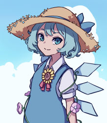Rule 34 | 1girl, absurdres, blouse, blue dress, blue eyes, blue hair, blue ribbon, blue sky, bow, cirno, cloud, cloudy sky, day, dress, dress shirt, flower, hair bow, hat, highres, ice, ice wings, kame (kamepan44231), one-hour drawing challenge, outdoors, pinafore dress, plant, puffy short sleeves, puffy sleeves, red bow, red ribbon, ribbon, shirt, short hair, short sleeves, sky, sleeveless dress, solo, straw hat, sunflower, touhou, vines, white shirt, wing collar, wings