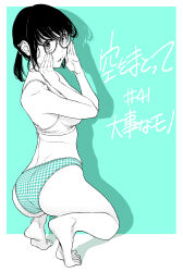 1girl adjusting_eyewear ass barefoot commentary_request fingernails full_body gingham_panties glasses green_background highres kneeling komi_shin&#039;ya looking_at_viewer nozaki_chifuyu partially_colored ponytail solo sora_wo_matotte tiptoes toenails translation_request two-tone_background underwear underwear_only white_background