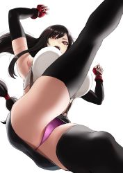 Rule 34 | 1girl, armpits, asakura kukuri, ass, bad id, bad twitter id, black hair, black skirt, black thighhighs, breasts, brown eyes, commentary request, elbow sleeve, final fantasy, final fantasy vii, final fantasy vii remake, fingerless gloves, from below, gloves, highres, large breasts, long hair, low-tied long hair, panties, pencil skirt, pink panties, red gloves, shirt, skirt, suspenders, tank top, taut clothes, taut shirt, thighhighs, tifa lockhart, underwear, white background, white tank top