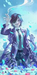 Rule 34 | 1girl, :d, absurdres, black hair, black jacket, black necktie, black pants, chainsaw man, cigarette, cloud, cloudy sky, collared shirt, eyepatch, flower, formal, green eyes, greenless 417, highres, himeno (chainsaw man), holding, holding cigarette, jacket, looking at viewer, necktie, open mouth, outdoors, outstretched arms, pants, shirt, shirt tucked in, short hair, sky, smile, smoke, solo, standing, suit, suit jacket, white shirt