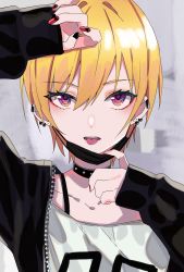 Rule 34 | 1girl, arm up, black jacket, black nails, blonde hair, collar, collarbone, ear piercing, earrings, grey background, hair between eyes, highres, idolmaster, idolmaster shiny colors, jacket, jewelry, looking at viewer, mask, mek number, mouth mask, nail polish, open clothes, open jacket, piercing, print shirt, red eyes, red nails, saijo juri, shirt, short hair, sleeves past wrists, solo, surgical mask, tongue, tongue out, unzipped, upper body, white shirt