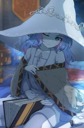 Rule 34 | 1girl, absurdres, blue eyes, blue hair, blue skin, blush, book, cloak, closed mouth, collarbone, colored skin, commentary request, dress, elden ring, extra arms, fur cloak, hat, highres, holding, holding book, jewelry, kamikili, medium hair, one eye closed, ranni the witch, ring, sitting, solo, thighs, wariza, white dress, white hat, witch, witch hat