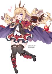 Rule 34 | 10s, 1girl, ;d, arm guards, bad id, bad pixiv id, black footwear, black thighhighs, blonde hair, blunt bangs, blush, book, boots, bracelet, cagliostro (granblue fantasy), cape, full body, glowing, granblue fantasy, heart, holding, holding book, jewelry, knee boots, knees together feet apart, liquid, long hair, looking at viewer, one eye closed, open book, open mouth, purple eyes, red ribbon, red skirt, ribbon, signature, simple background, skirt, smile, solo, test tube, thighhighs, v, very long hair, white background, yuuhi homare