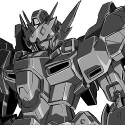 Rule 34 | facing down, greyscale, highres, huckebein 30, kumichou (ef65-1118-ef81-95), mecha, monochrome, no humans, robot, science fiction, solo, super robot wars, super robot wars 30, unfinished, upper body, v-fin, white background