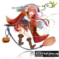 Rule 34 | 1girl, boots, broom, broom riding, cape, copyright name, fang, full body, heart, jack-o&#039;-lantern, kousoku kidou avatar drive, okutomi fumi, open mouth, red eyes, red hair, reflection, skirt, skirt set, solo, spell, staff, sword, watermark, weapon, white background, wink