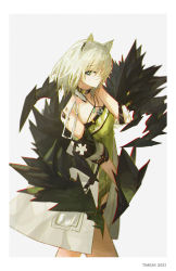 Rule 34 | 1girl, absurdres, animal ear fluff, animal ears, arknights, artist name, bad id, bad pixiv id, bare shoulders, black choker, border, cat ears, chinese commentary, choker, chromatic aberration, closed mouth, coat, commentary request, cowboy shot, dress, expressionless, from side, green dress, green eyes, grey background, hand up, highres, kal&#039;tsit (arknights), looking at viewer, material growth, medium hair, mon3tr (arknights), off-shoulder dress, off shoulder, open clothes, open coat, oripathy lesion (arknights), short sleeves, simple background, solo, time2k, white border, white coat, white hair