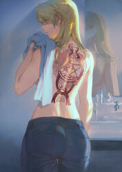 Rule 34 | 1girl, arm at side, ass, back, back tattoo, blonde hair, blue pants, breasts, brown eyes, cowboy shot, denim, from behind, fullmetal alchemist, hair between eyes, hand up, highres, indoors, jeans, large breasts, long hair, mashuu (neko no oyashiro), mirror, pants, profile, reflection, riza hawkeye, scar, scar on back, shiny skin, sink, solo, standing, tattoo, topless, towel, wet, wet hair