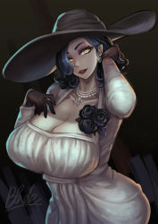 Rule 34 | 1girl, alcina dimitrescu, black gloves, black hair, breasts, cleavage, curvy, dress, earrings, gloves, highres, huge breasts, jewelry, necklace, qblade, resident evil, resident evil village, short hair, signature, solo, standing, veins, veiny breasts, white dress, wide hips, yellow eyes
