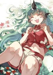 Rule 34 | 1girl, blush stickers, curly hair, closed eyes, flower, green hair, horns, ken (coffee michikusa), komano aunn, navel, shorts, simple background, single horn, smile, solo, touhou