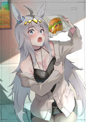 Rule 34 | absurdres, ahoge, animal ears, armpit crease, black shirt, black skirt, blue eyes, blush, breasts, burger, buttons, cardigan, cleavage, collarbone, floral print, food, grey cardigan, grey hair, hair between eyes, hair ornament, highres, holding, holding food, horse ears, horse girl, horse tail, horseshoe necklace, indoors, jewelry, kojima takeshi, legs together, long hair, looking at viewer, lower teeth only, off shoulder, oguri cap (umamusume), open cardigan, open clothes, painting (object), pencil skirt, pendant, ring, see-through, see-through shirt, shadow, shirt, sidelocks, single bare shoulder, skirt, sleeveless, sleeveless shirt, small breasts, tail, teeth, textless version, thighs, umamusume