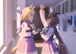 Rule 34 | 2girls, ?, admire vega (umamusume), amane hikari, animal ears, arm up, blonde hair, book, bow, bowtie, brown hair, closed mouth, commentary request, ear covers, from side, hallway, height difference, highres, holding, holding book, horse ears, horse girl, horse tail, hugging book, hugging object, long hair, long sleeves, looking at another, low ponytail, multiple girls, narita top road (umamusume), orange eyes, pleated skirt, poster (object), puffy long sleeves, puffy sleeves, purple sailor collar, purple shirt, purple skirt, red eyes, sailor collar, school uniform, shirt, single ear cover, skirt, spoken question mark, tail, tracen school uniform, umamusume, upper body, very long hair, waist bow, white bow, white bowtie