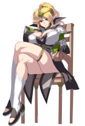 Rule 34 | 1girl, blonde hair, blue eyes, breasts, chair, cleavage, cleavage cutout, clothing cutout, commentary request, covered erect nipples, elf, highres, kneehighs, kouno (masao), large breasts, long hair, looking at viewer, original, photoshop (medium), pointy ears, ponytail, revision, see-through, simple background, sitting, smile, socks, solo, thighs, white background, white socks
