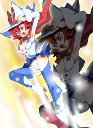 Rule 34 | 10s, 1girl, boots, breasts, cape, cleavage, hat, inazuma kick, little witch academia, medium breasts, onnaski, panties, red eyes, red hair, shiny chariot, skirt, solo, thigh boots, thighhighs, underwear, white panties, witch, witch hat, zoom layer