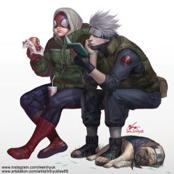 Rule 34 | artist name, black gloves, blouse, blue shirt, book, burger, covered eyes, crossover, dog, drink, drinking straw, eating, fingerless gloves, food, forehead protector, full body, gloves, grass, hatake kakashi, head rest, headband, hood, in-hyuk lee, invisible chair, jacket, kfc, marvel, muscular, naruto, naruto (series), one eye covered, open book, pakkun (naruto), pouch, reading, realistic, sandwich, scar, scar across eye, scar on face, shirt, shoes, signature, silver hair, simple background, sitting, sleeping, spider-man, spider-man (series), superhero costume, toeless footwear, vest, watermark, web address, white background