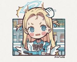 Rule 34 | 1girl, @ @, ^^^, apron, black bow, blonde hair, blue apron, blue archive, blue eyes, blush stickers, bow, collared shirt, commentary request, disembodied hand, forehead, halo, headpat, highres, koru koruno, long hair, mini wings, open mouth, shirt, short eyebrows, signature, solo focus, sora (blue archive), strap slip, striped, striped bow, surprised, thick eyebrows, two side up, upper body, v-shaped eyebrows, wavy mouth, white shirt, white wings, wings