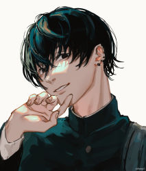 Rule 34 | 1boy, artist name, black hair, black jacket, chainsaw man, champi, earrings, finger to own chin, gakuran, highres, jacket, jewelry, looking at viewer, messy hair, mole, mole under mouth, multiple earrings, school uniform, short hair, simple background, smile, solo, white background, yoshida hirofumi