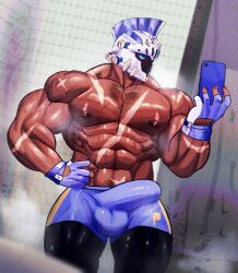 Rule 34 | 1boy, absurdres, another eidos-r, bara, blue eyes, bulge, cowboy shot, dark-skinned male, dark skin, dyne (another eidos), erection, erection under clothes, eros (erosterone), helmet, highres, large pectorals, leggings under shorts, male focus, muscular, muscular male, nipples, pectorals, scar, selfie, solo, sparse chest hair, steaming body, topless male