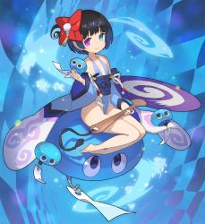 Rule 34 | 1girl, bad id, bad pixiv id, bare legs, bare shoulders, barefoot, black bow, black hair, blue background, blue eyes, blue one-piece swimsuit, bow, closed mouth, collarbone, commentary request, detached sleeves, fish, fundoshi, hair ornament, hand fan, heterochromia, holding, holding fan, japanese clothes, kimono, long sleeves, looking at viewer, mini person, minigirl, obi, one-piece swimsuit, original, oversized object, paper fan, pinwheel, purple eyes, saitou naoki, sash, short hair, smile, solo, swimsuit, swirl, wide sleeves, wind chime