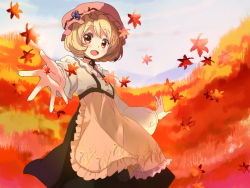 Rule 34 | 1girl, aki minoriko, apron, autumn, autumn leaves, bad id, bad pixiv id, blonde hair, blue hair, choker, cloud, day, food, fruit, grapes, hat, long sleeves, looking at viewer, open mouth, outstretched arms, red eyes, ribbon choker, shirt, skirt, smile, solo, touhou, ume (plumblossom)