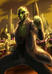 Rule 34 | 1boy, alien, black sclera, blz, city, clenched hands, colored sclera, colored skin, drell, fighting stance, green skin, jacket, male focus, mass effect (series), mass effect 2, outdoors, sky, solo, thane krios