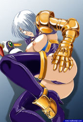 Rule 34 | 1girl, ass, breasts, female focus, gloves, gradient background, isabella valentine, large breasts, leather, nipples, pussy, solo, soul calibur, soulcalibur i, watermark, white hair